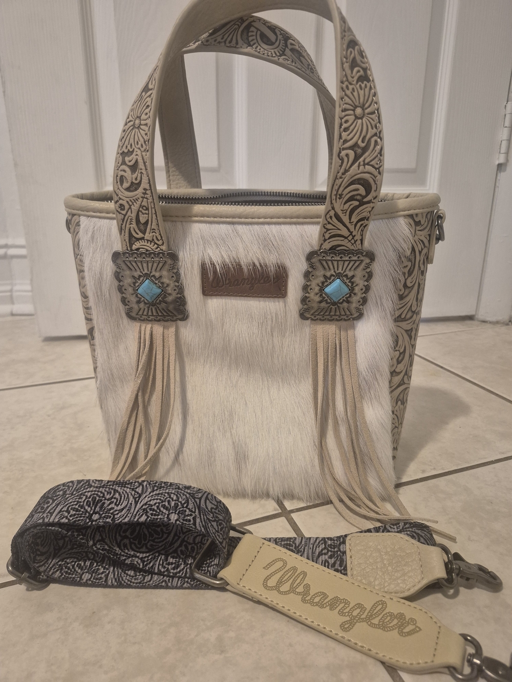 NWOT Wrangler Cream Haircalf Tote with Turquoise Accents